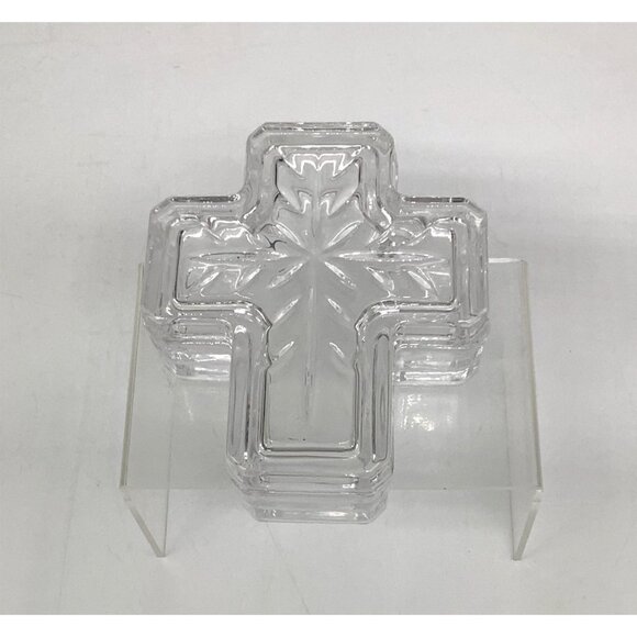 Clear Glass Cross-Shaped Decorative Trinket Dish W/ Etched Details 4.5"x4" - Picture 1 of 6